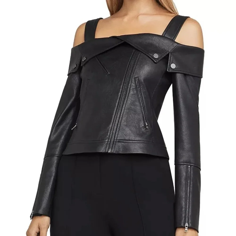 BCBGMAXAZRIA Clyde Cold-Shoulder Faux-Leather Moto Jacket in black size - Picture 1 of 7